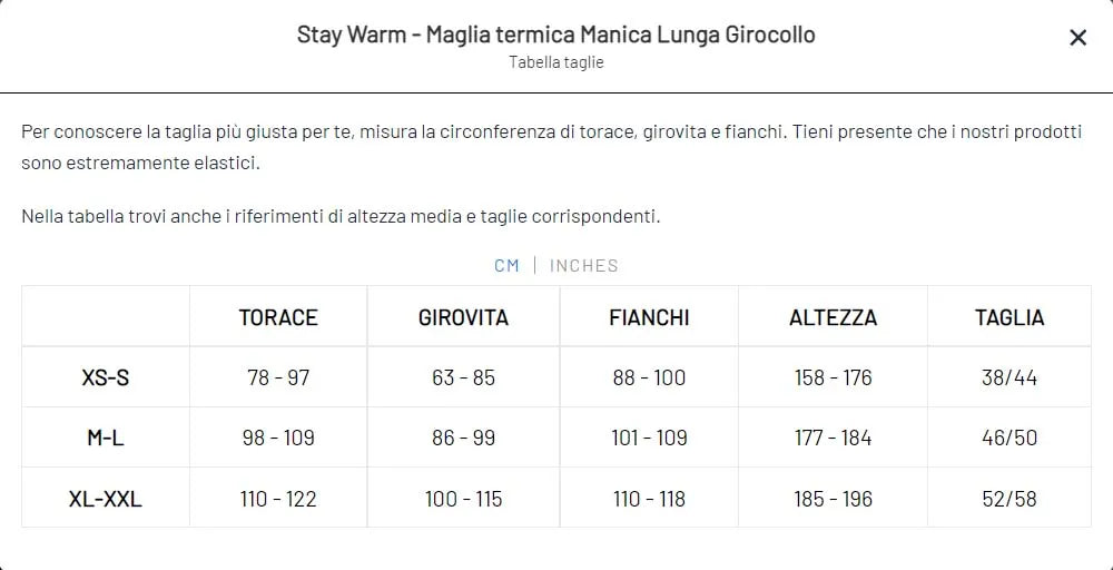 Stay Warm – Maglia termica Manica Lunga Girocollo Taglie